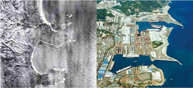 현대중공업이 조선소 부지로 확정환 1960년대 울산 동구 지역 항공사진(왼쪽)과 같은 자리에 입지한 최근의 현대중공업 울산조선소 전경. 사진 : 현대중공업